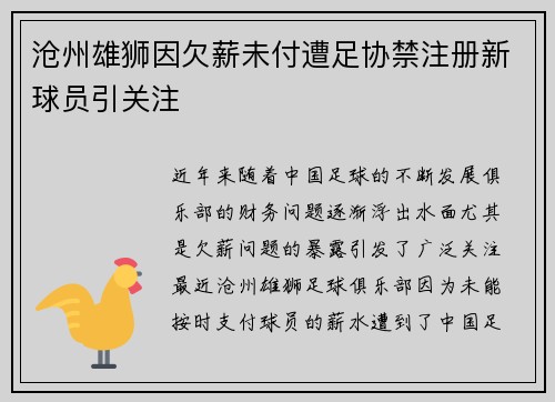 沧州雄狮因欠薪未付遭足协禁注册新球员引关注