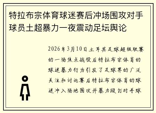 特拉布宗体育球迷赛后冲场围攻对手球员土超暴力一夜震动足坛舆论